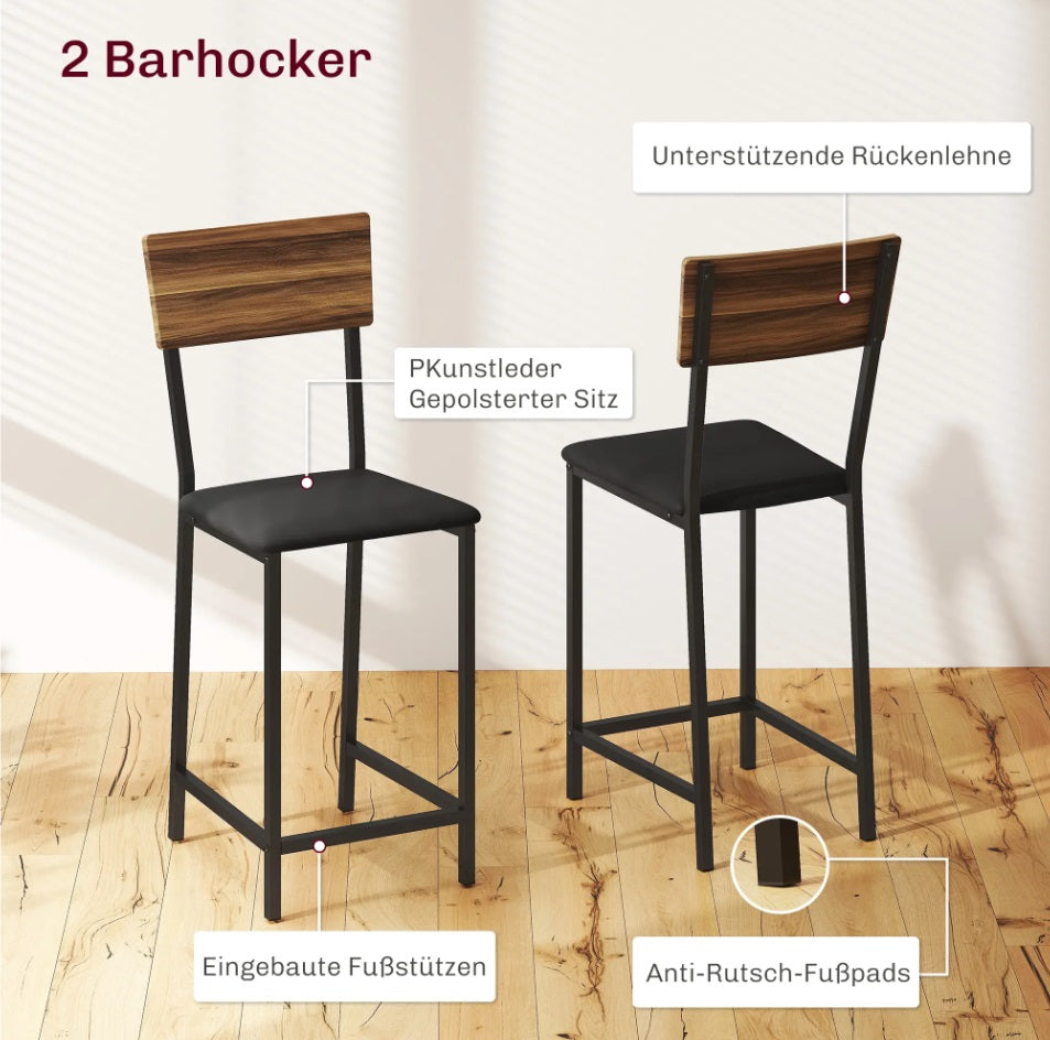 3-teiliges Bartisch-Set Ausziehbar – Tresen mit Weinregal & 2 Gepolsterten Stühlen, Braun