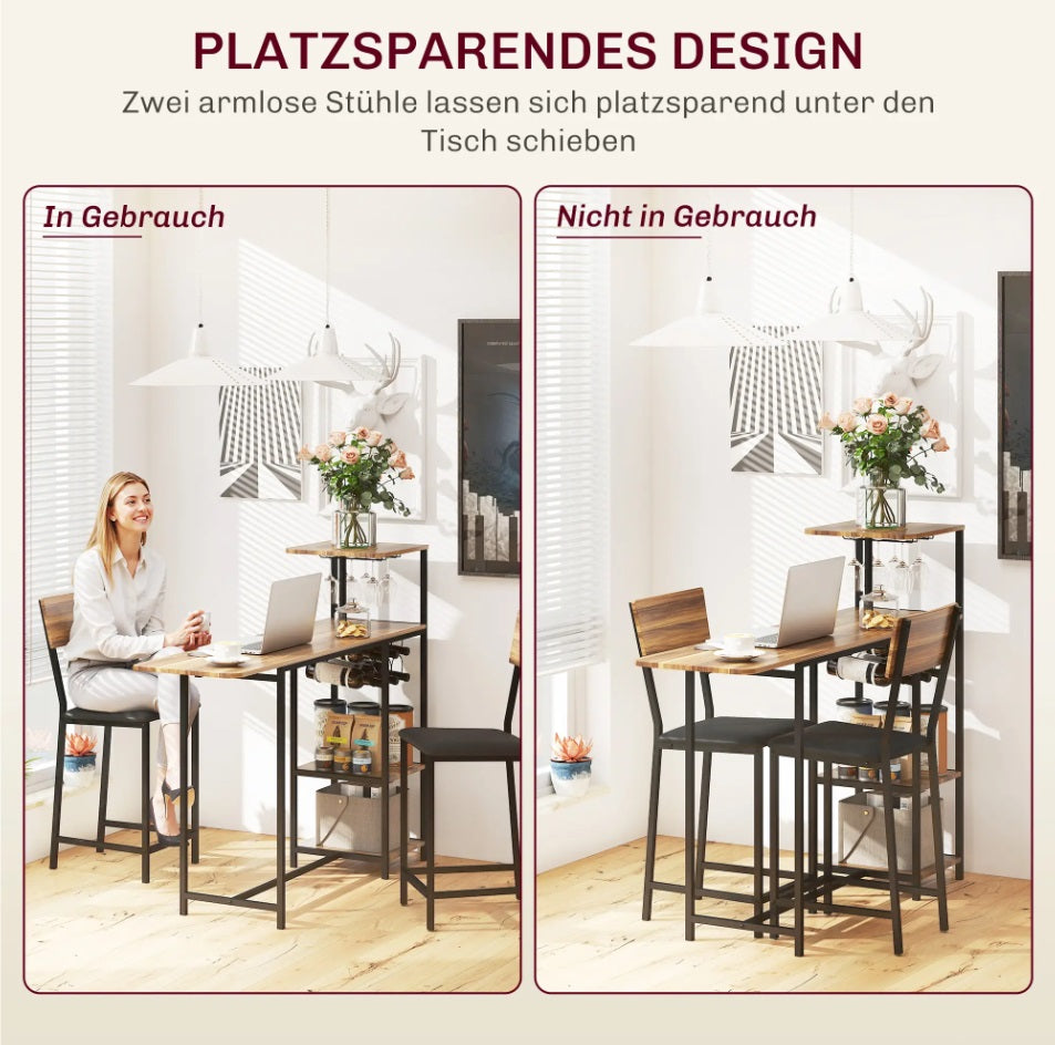 3-teiliges Bartisch-Set Ausziehbar – Tresen mit Weinregal & 2 Gepolsterten Stühlen, Braun