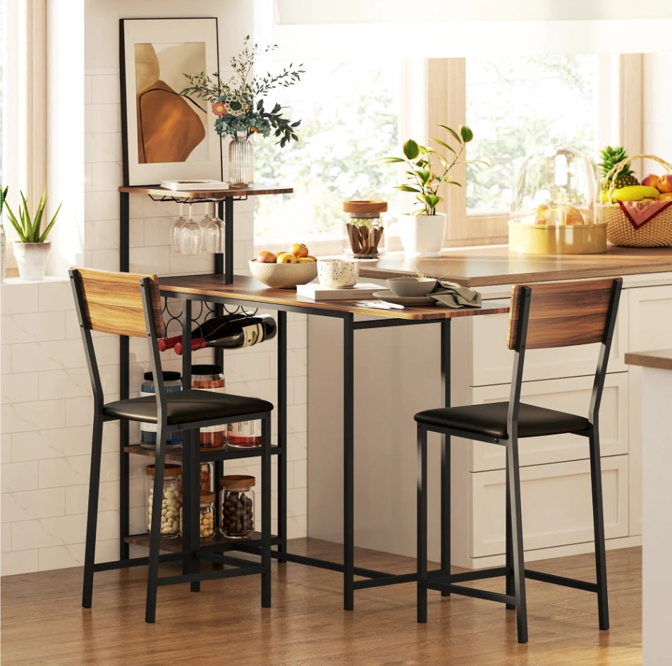 3-teiliges Bartisch-Set Ausziehbar – Tresen mit Weinregal & 2 Gepolsterten Stühlen, Braun