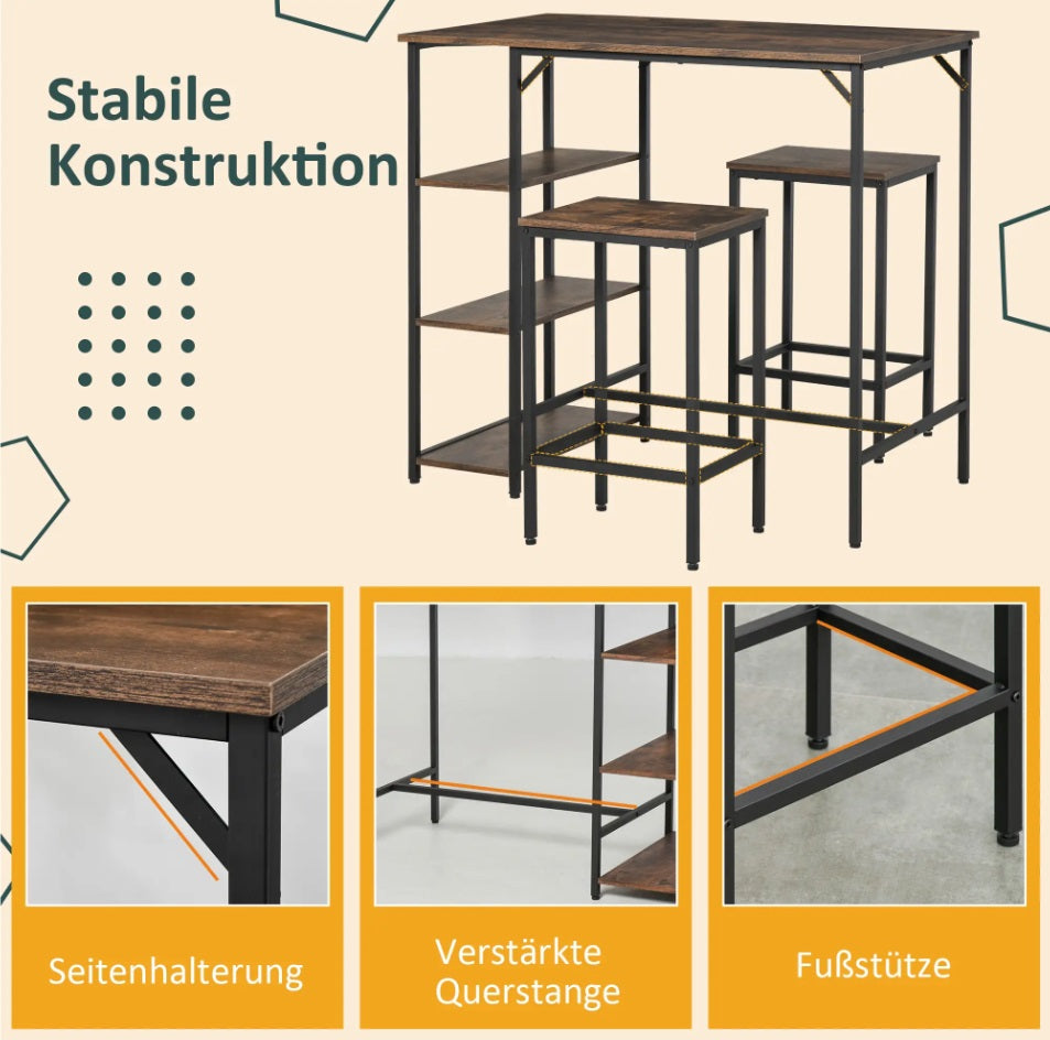 3-teiliges Bartisch-Set mit Seitenregal – Stehtisch (109x60x100 cm) & 2 Hocker, Rustikal-Braun/Schwarz