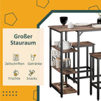 3-teiliges Bartisch-Set mit Seitenregal – Stehtisch (109x60x100 cm) & 2 Hocker, Rustikal-Braun/Schwarz