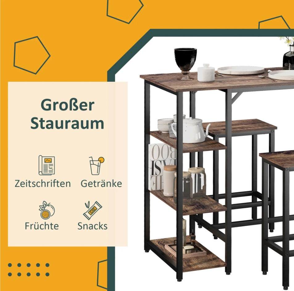3-teiliges Bartisch-Set mit Seitenregal – Stehtisch (109x60x100 cm) & 2 Hocker, Rustikal-Braun/Schwarz