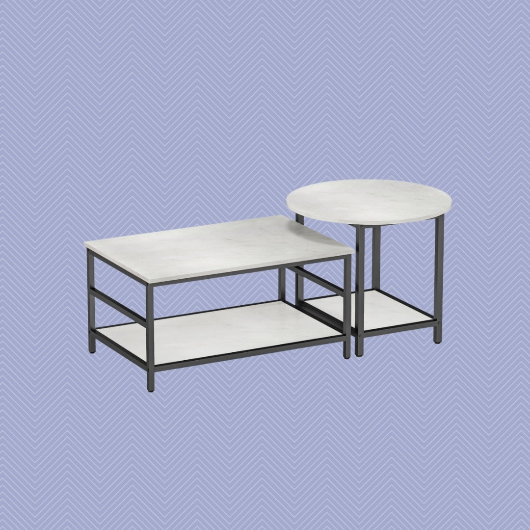 Couchtisch 2er-Set Schwarz/Weiß – Runder & Rechteckiger Beistelltisch in Marmor-Optik mit Ablage