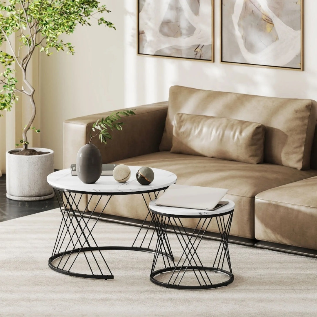Couchtische 2er-Set Weiß – Runde Satztische (Ø70/Ø44,5 cm) in Marmor-Optik, ineinanderstellbar