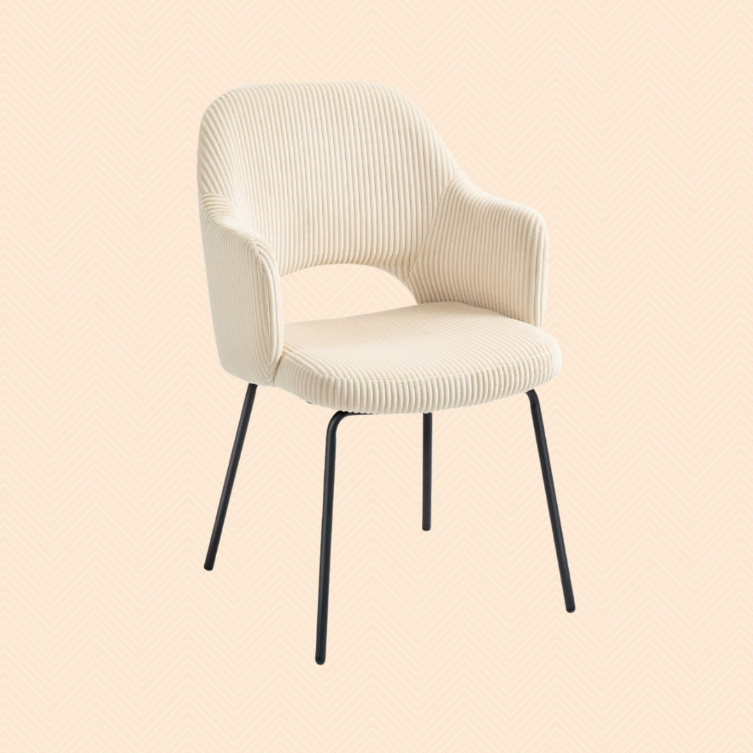 Einzelner Esszimmerstuhl Cord Beige, ergonomische Schalenform mit Armlehnen und modernem Ausschnitt in der Rückenlehne