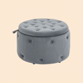 Großer Runder Hocker mit Staufach (Ø60 cm) – Ottomane in Grau Samtoptik mit Knopf-Steppdesign