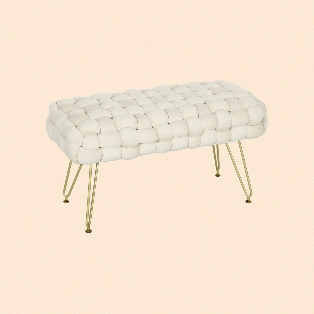 Moderner Sitzhocker Cremeweiß (76 cm) – Polsterhocker in Kreuzgewebter Samtoptik mit Metallbeinen