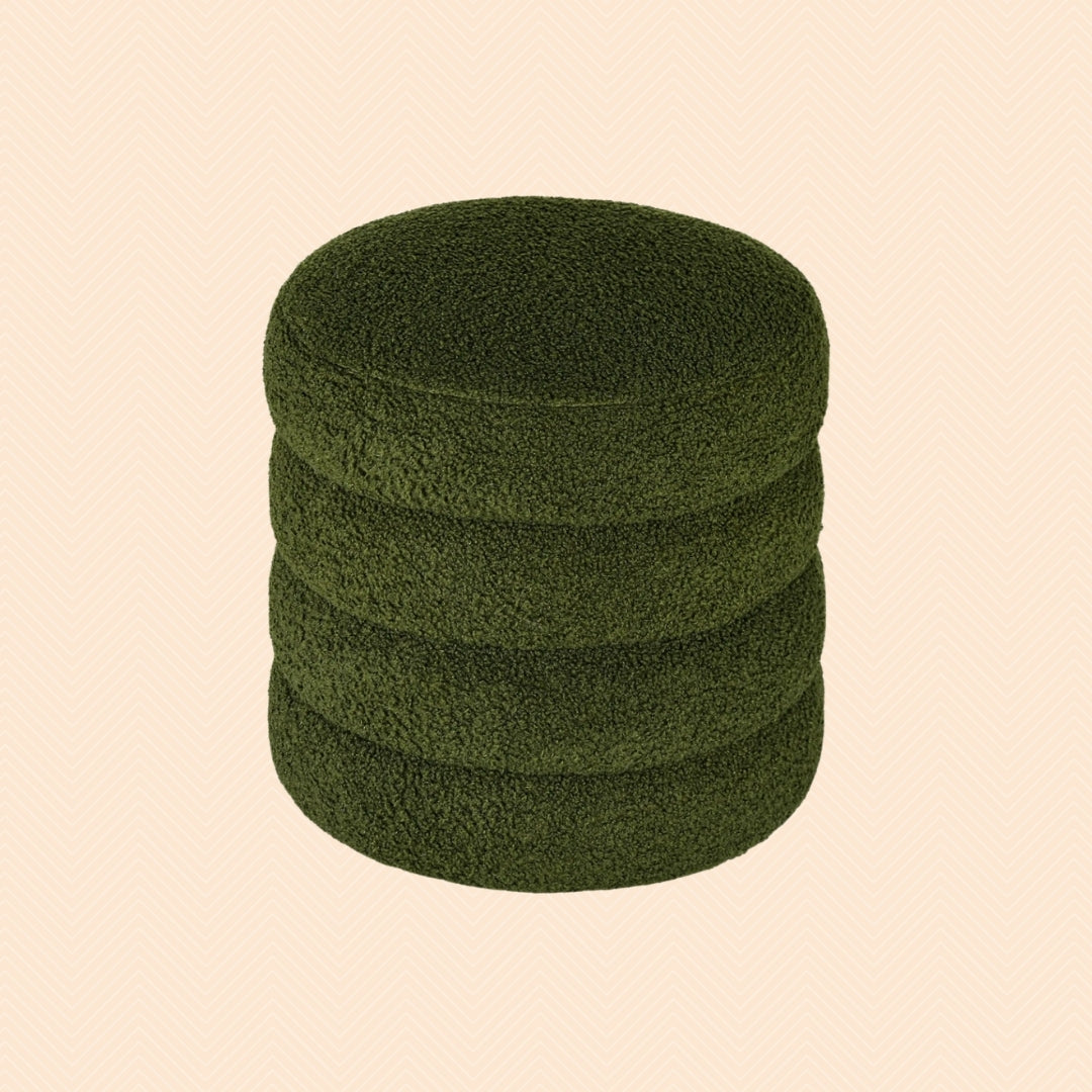 Runder Hocker Grün (Ø40 cm) – Teddyfleece Ottomane mit Holzbeinen und 120 kg Belastbarkeit