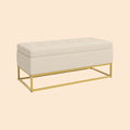 Sitzbank Beige mit Stauraum (110 cm) – Truhenbank in Flanelloptik mit Knopfheftung und Goldfüßen