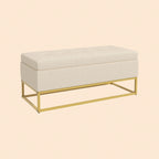 Sitzbank Beige mit Stauraum (110 cm) – Truhenbank in Flanelloptik mit Knopfheftung und Goldfüßen