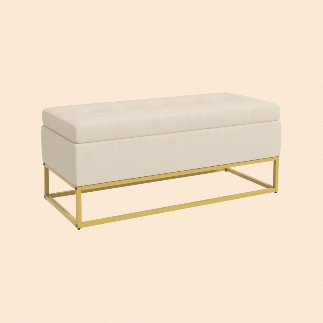 Sitzbank Beige mit Stauraum (110 cm) – Truhenbank in Flanelloptik mit Knopfheftung und Goldfüßen