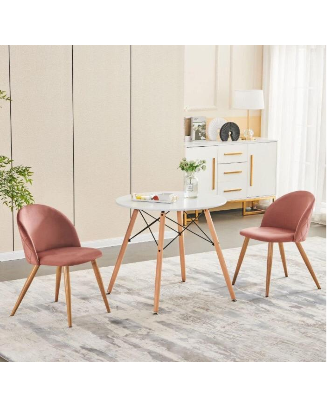 Skandinavisches Design 2-Personen Essgruppe - Runder Tisch & Samtstühle (Rosa)