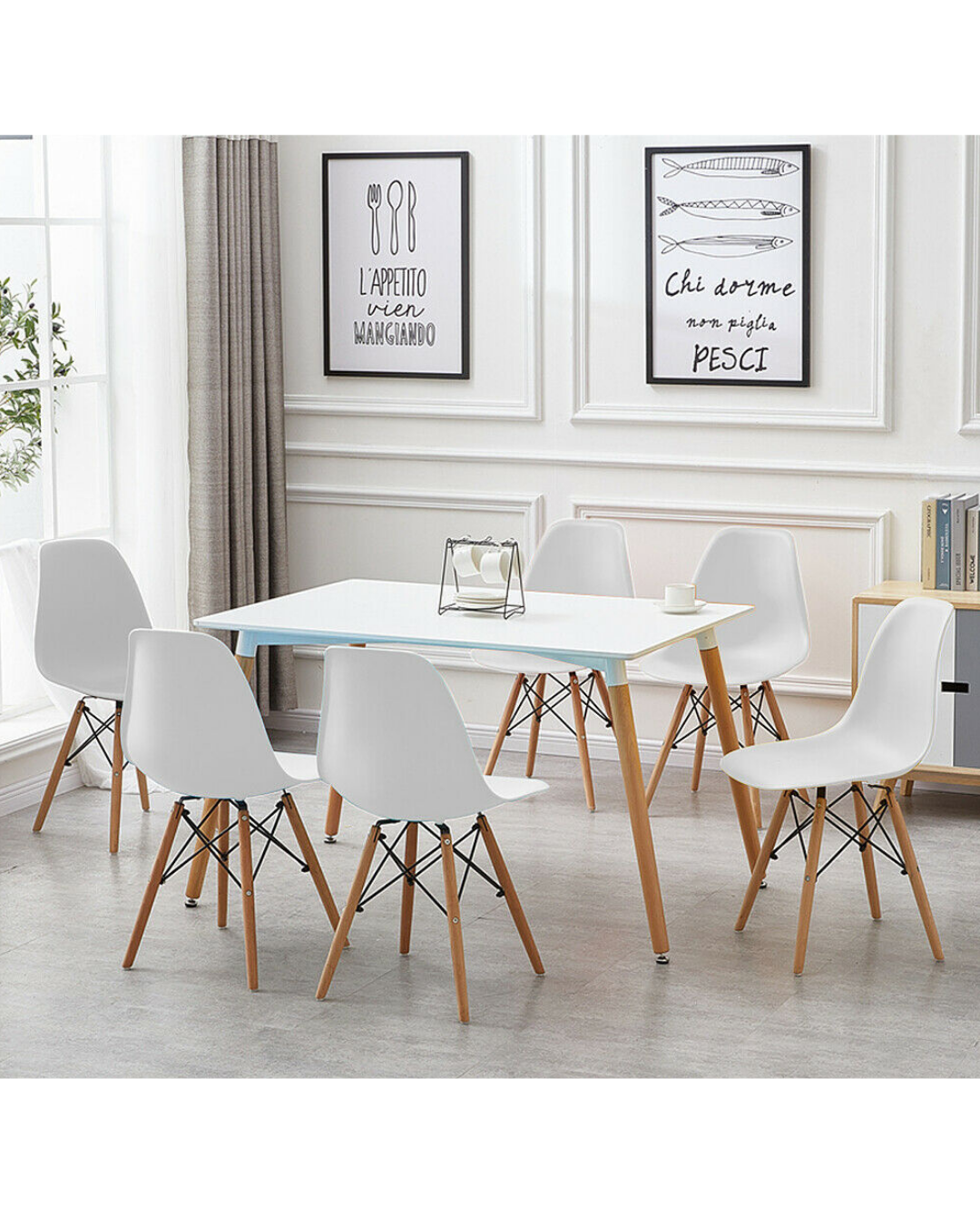 Skandinavisches Design 6-Personen Essgruppe - Rechteckiger Tisch & Weiße Stühle