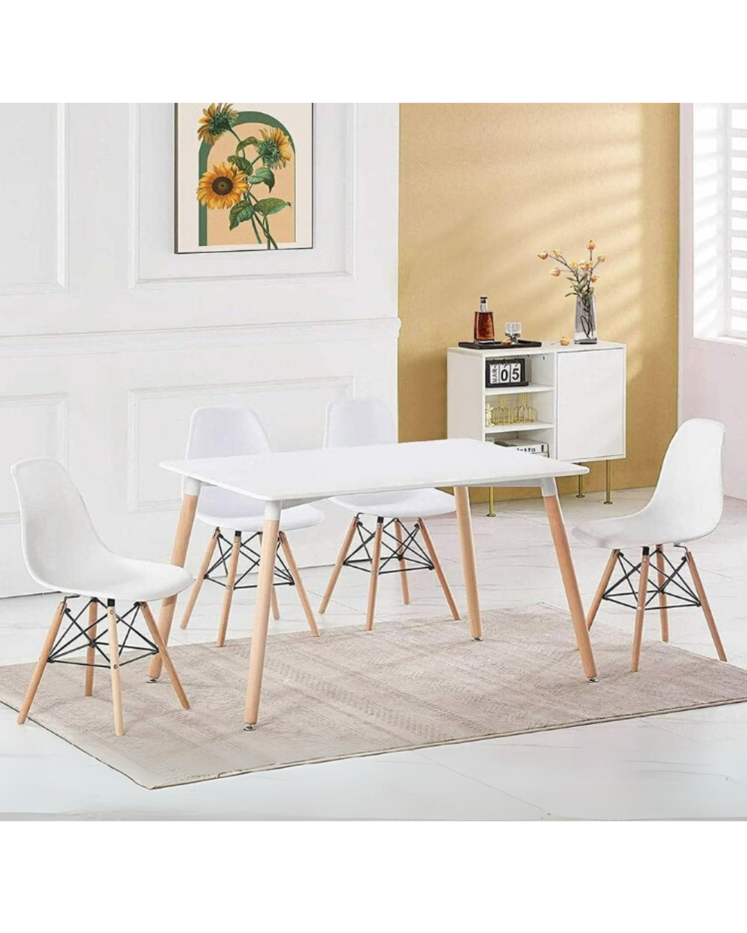 Skandinavisches Design 4-Personen Essgruppe - Rechteckiger Tisch & Weiße Stühle